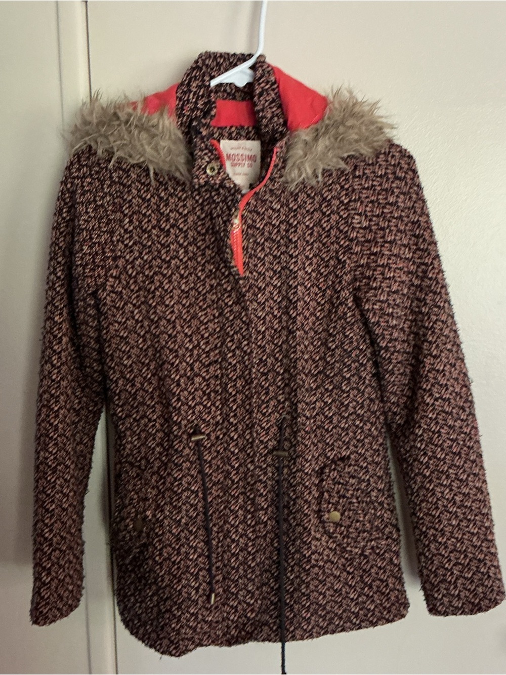 Mossimo Supply Co. Orange/Navy Tweed Coat w/Faux Fur Hood - Small
